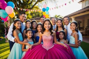 Quinceañera and Birthday Party Venue near Houston - A joyful birthday girl in a pink dress surrounded by smiling friends and family outdoors.