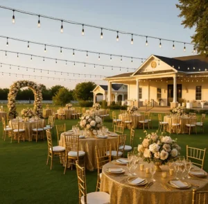 Expert Wedding & Anniversary Planning - Outdoor wedding reception with elegant table settings.