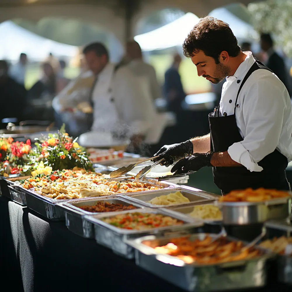 Chef preparing dishes at a buffet table.