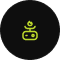 Green robot icon on black circular background.