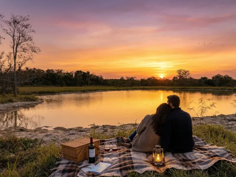 Couple enjoying sunset picnic by lake.