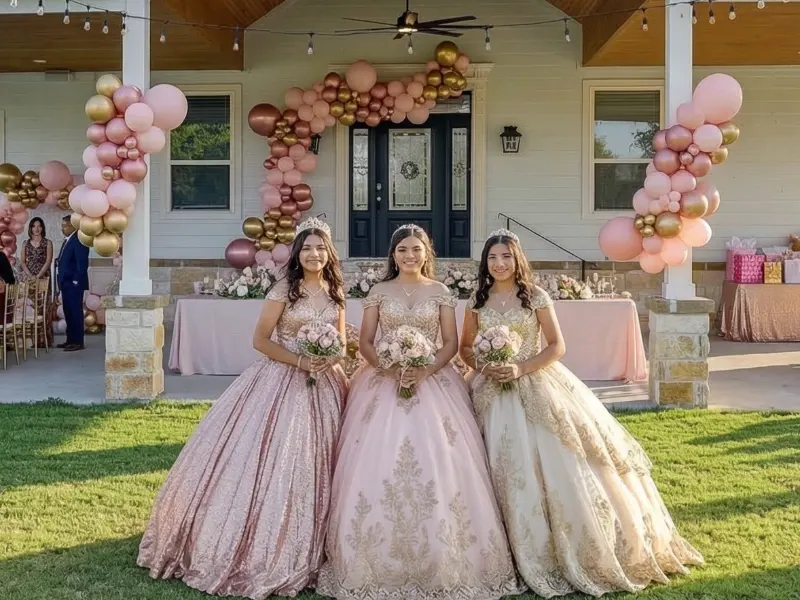 Three girls in elegant gowns, outdoor celebration.