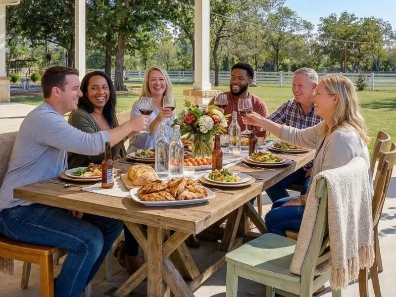 Group toasting at outdoor dining table.