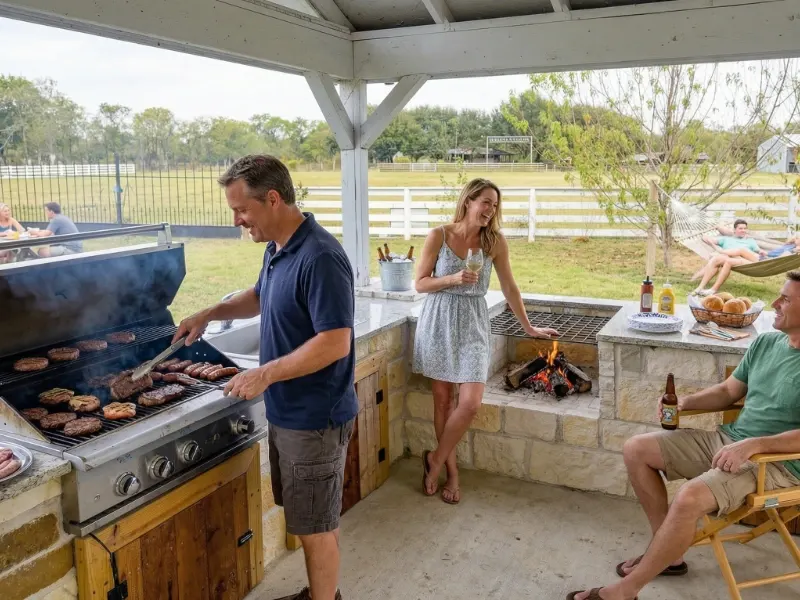 People enjoying a barbecue in outdoor patio.
