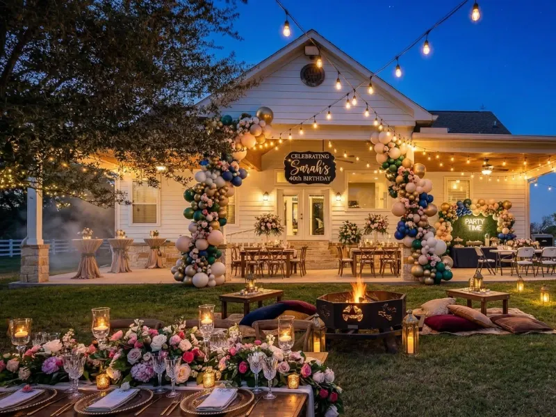 Outdoor birthday celebration with lights and decorations.