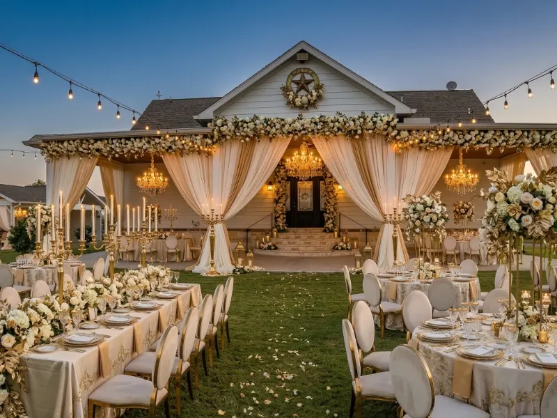Elegant outdoor wedding reception with floral decorations.