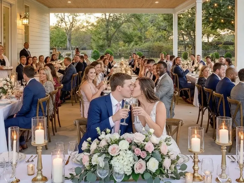 Wedding couple kissing at reception table.