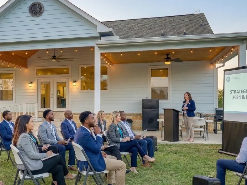 Outdoor business presentation with seated audience.