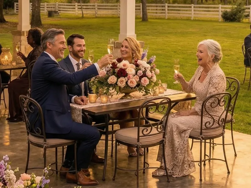 People toasting at an outdoor event table.