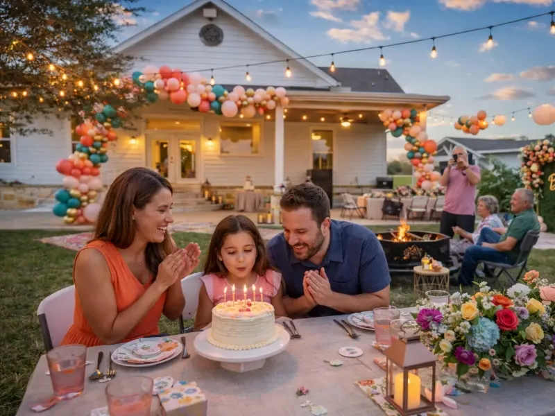 Girl blowing candles at outdoor birthday party.