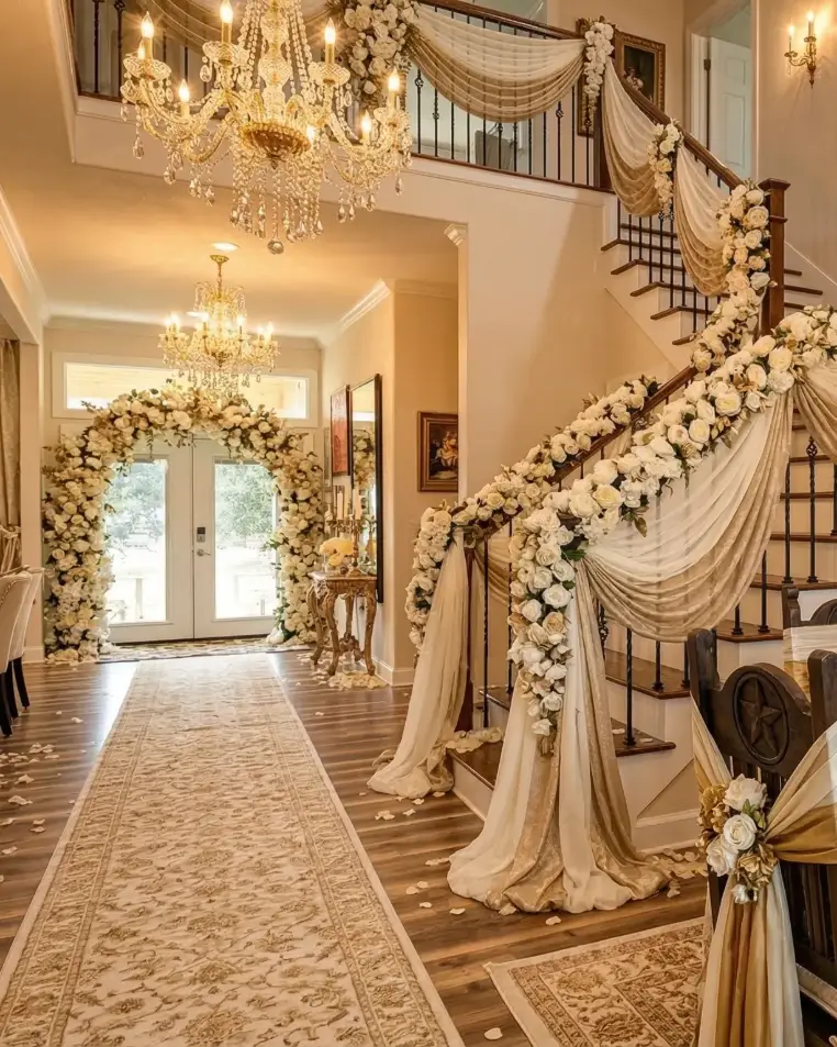 Elegant entryway decorated with flowers and drapes.
